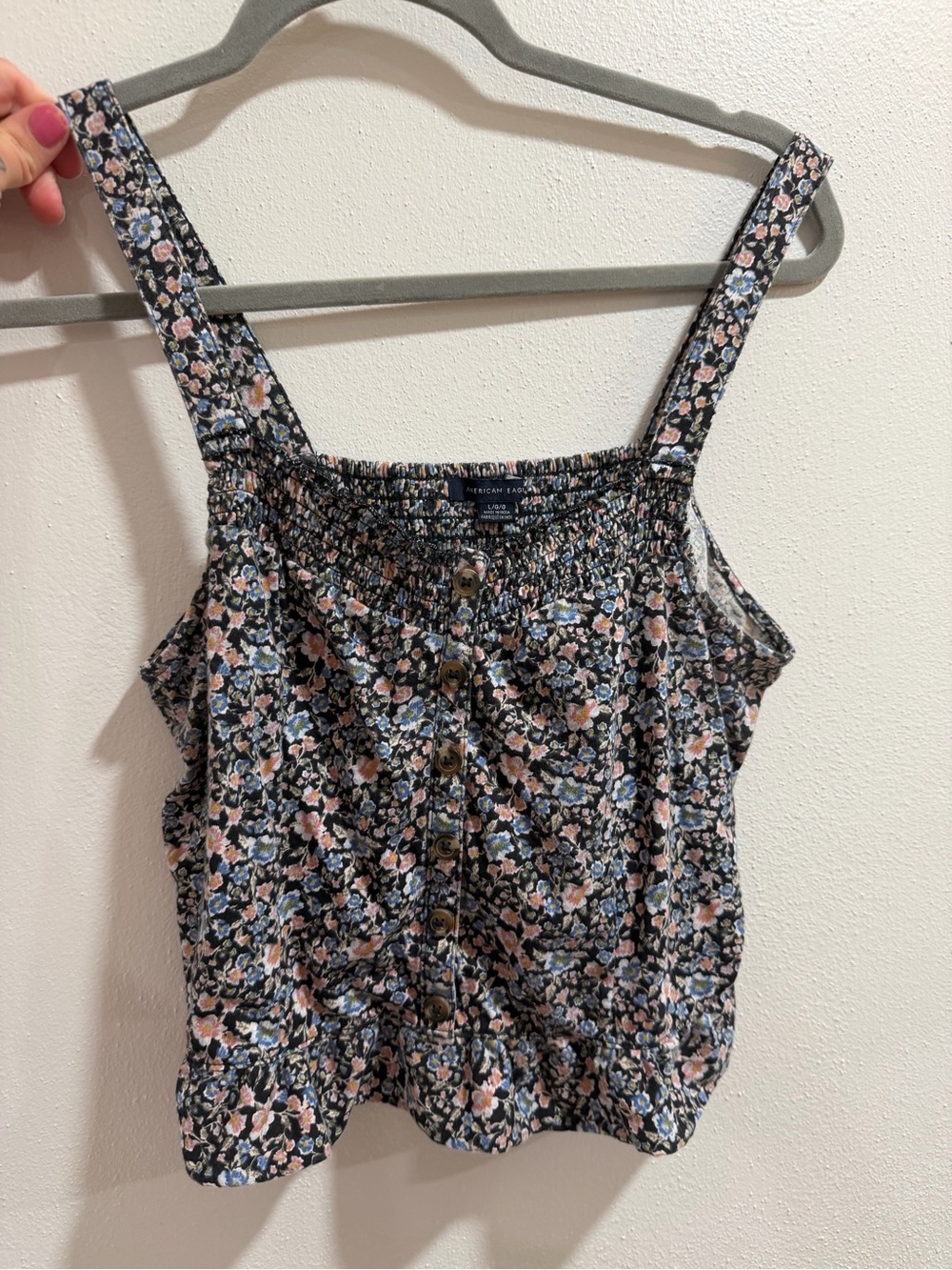American Eagle Outfitters Black Floral Smocked Button Tank